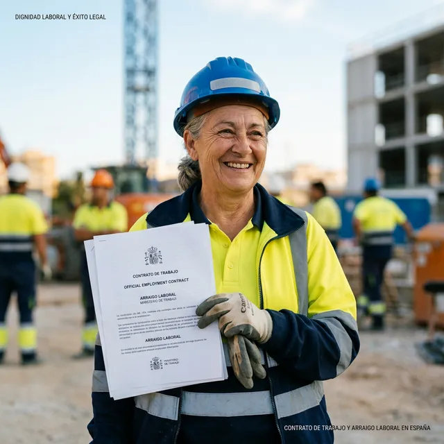 Trabajador de la construcción sonriendo con su contrato de trabajo para Arraigo Laboral