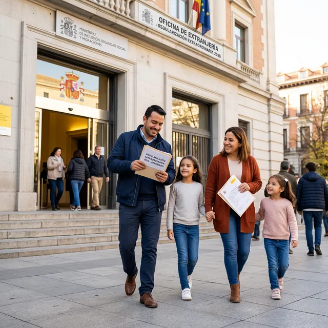Familia inmigrante con documentos oficiales saliendo de oficina gubernamental española